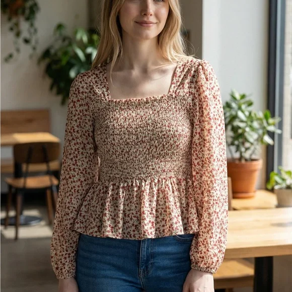 Smocked Square-Neck Blouse in Cream with Red Floral Print - Picture 8 of 10
